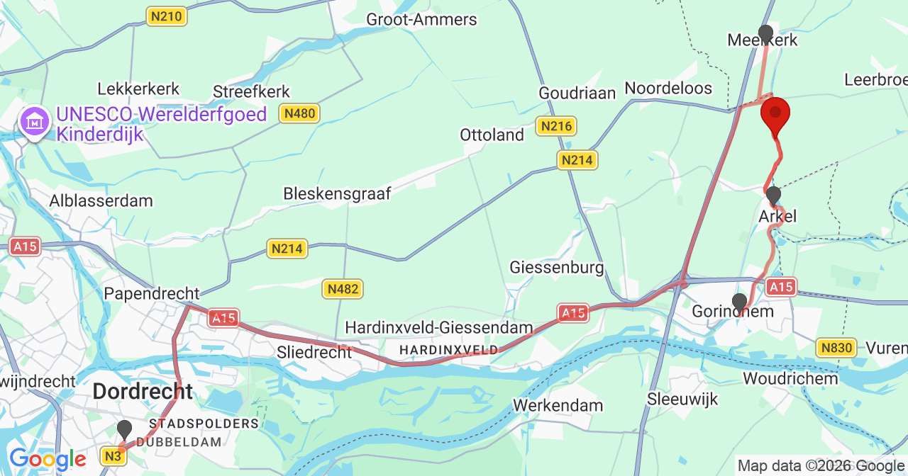 Kaart van het incident in Hoogblokland met de aanrijroutes van de gealarmeerde eenheden
