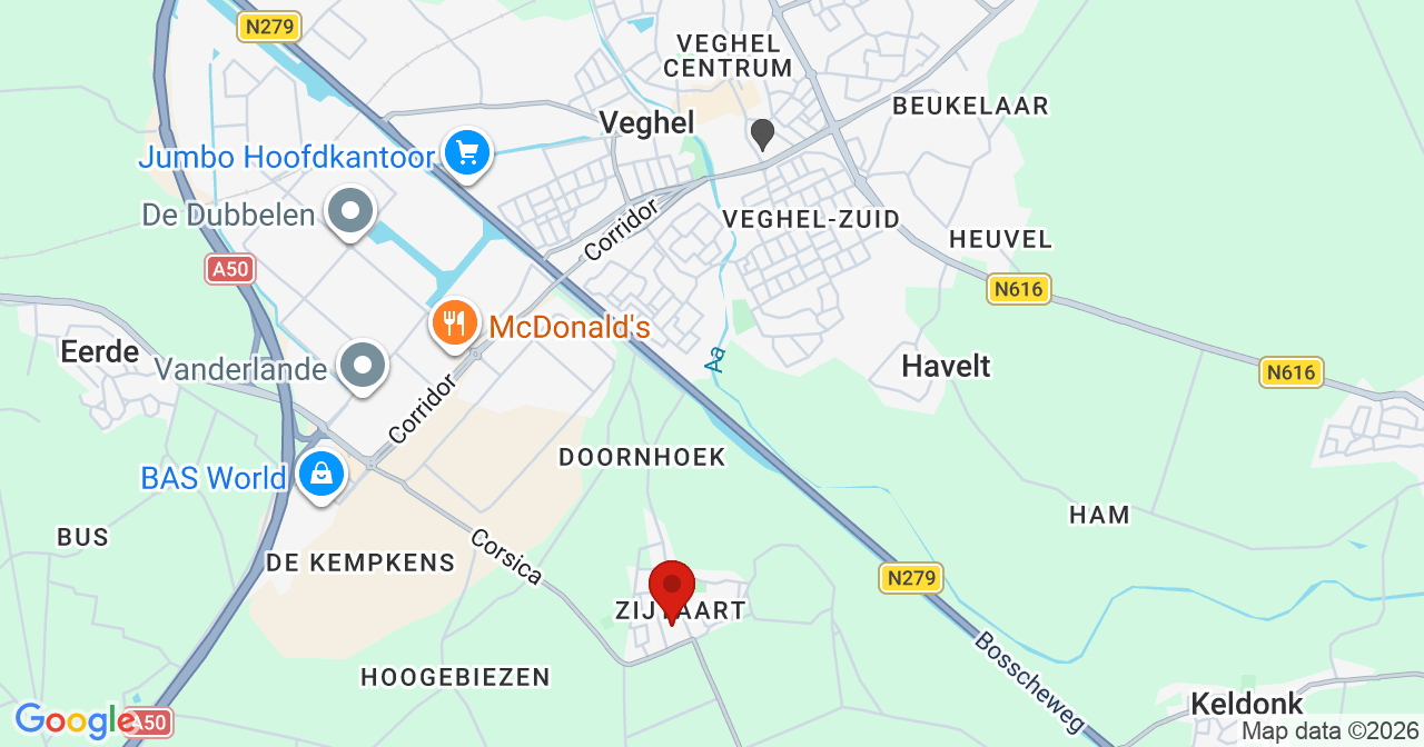 Kaart van het incident in Veghel met de aanrijroutes van de gealarmeerde eenheden