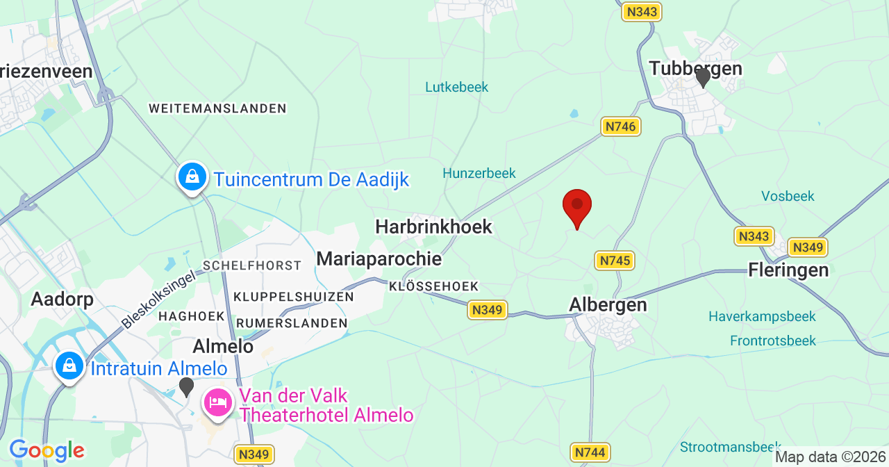 Kaart van het incident in Albergen met de aanrijroutes van de gealarmeerde eenheden
