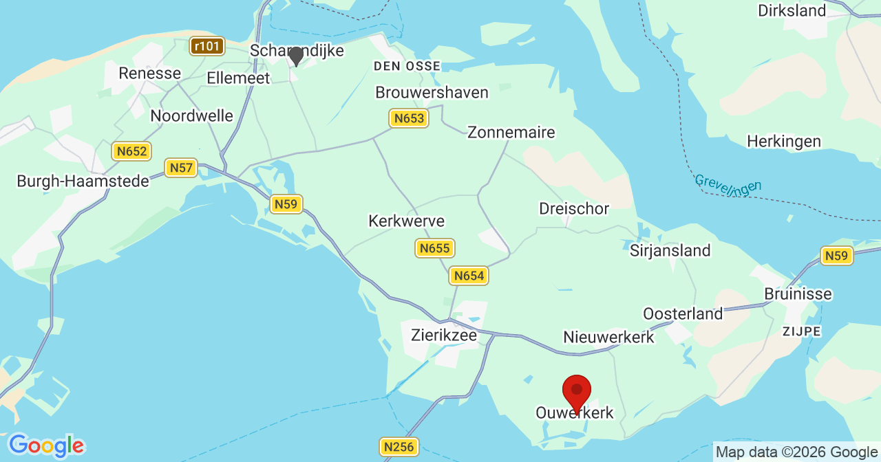 Kaart van het incident in Ouwerkerk met de aanrijroutes van de gealarmeerde eenheden