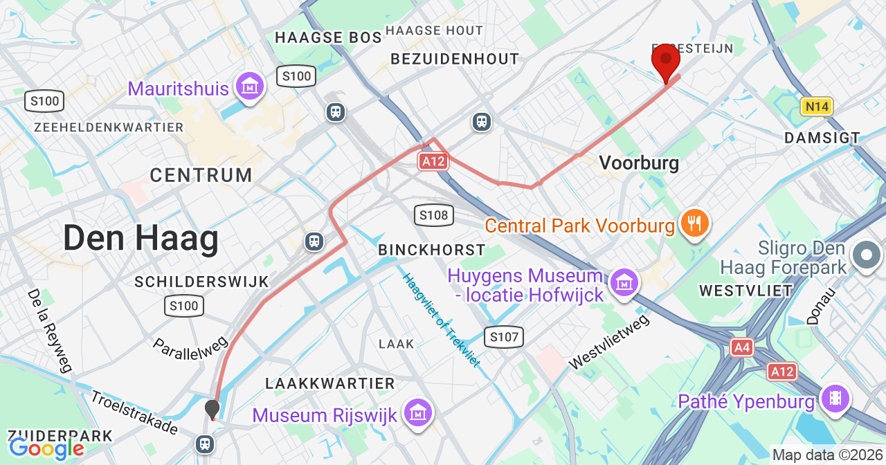 Kaart van het incident in Voorburg met de aanrijroutes van de gealarmeerde eenheden