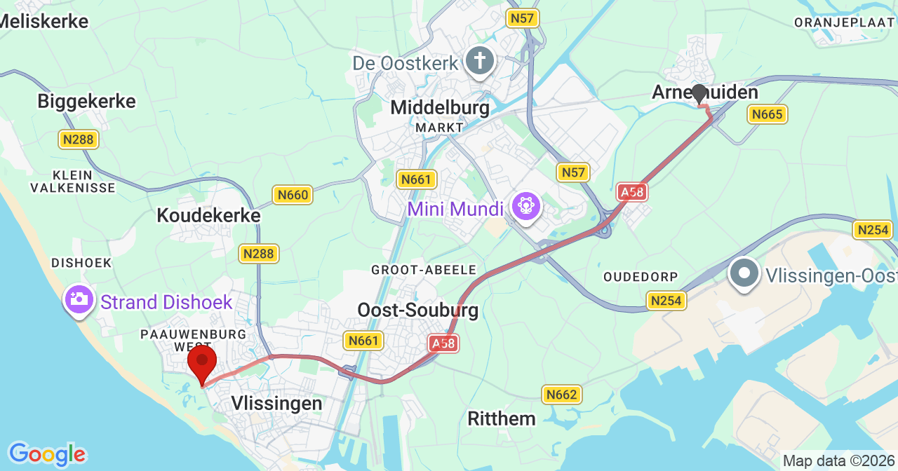 Kaart van het incident in Vlissingen met de aanrijroutes van de gealarmeerde eenheden