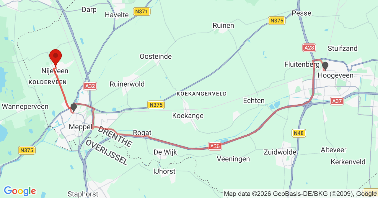 Kaart van het incident in Nijeveen met de aanrijroutes van de gealarmeerde eenheden