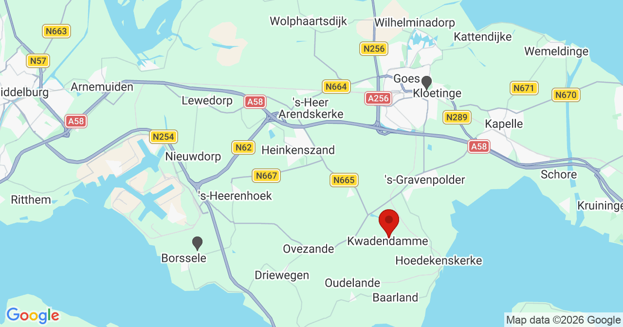 Kaart van het incident in Kwadendamme met de aanrijroutes van de gealarmeerde eenheden