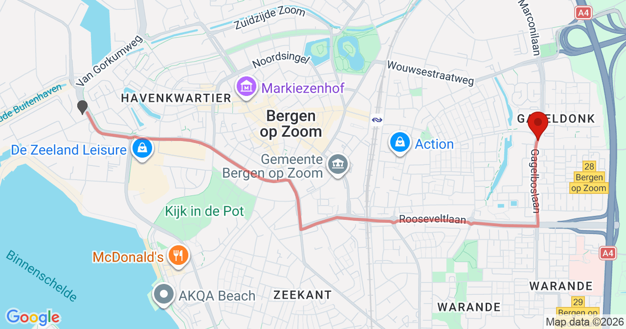Kaart van het incident in Bergen op Zoom met de aanrijroutes van de gealarmeerde eenheden