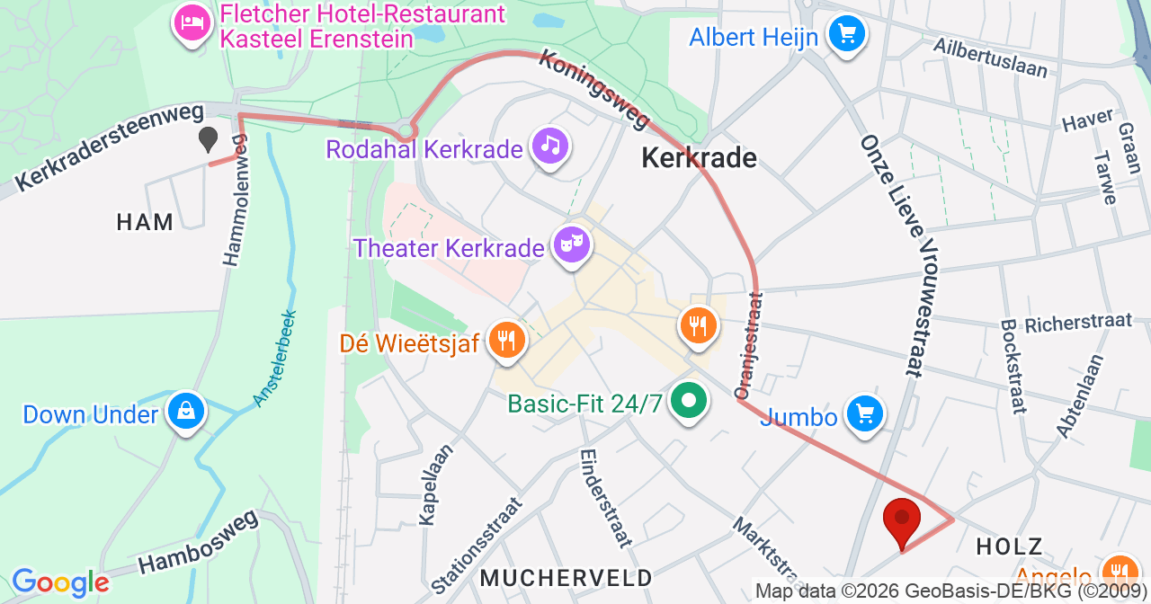 Kaart van het incident in Kerkrade met de aanrijroutes van de gealarmeerde eenheden