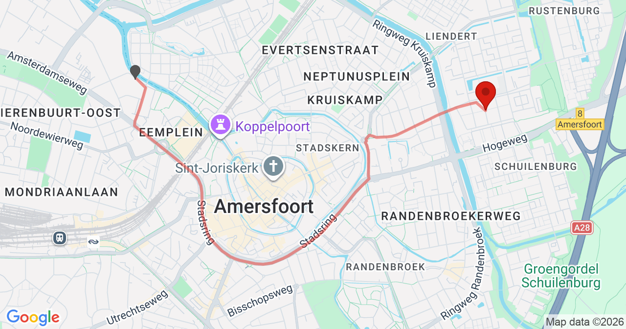 Kaart van het incident in Amersfoort met de aanrijroutes van de gealarmeerde eenheden