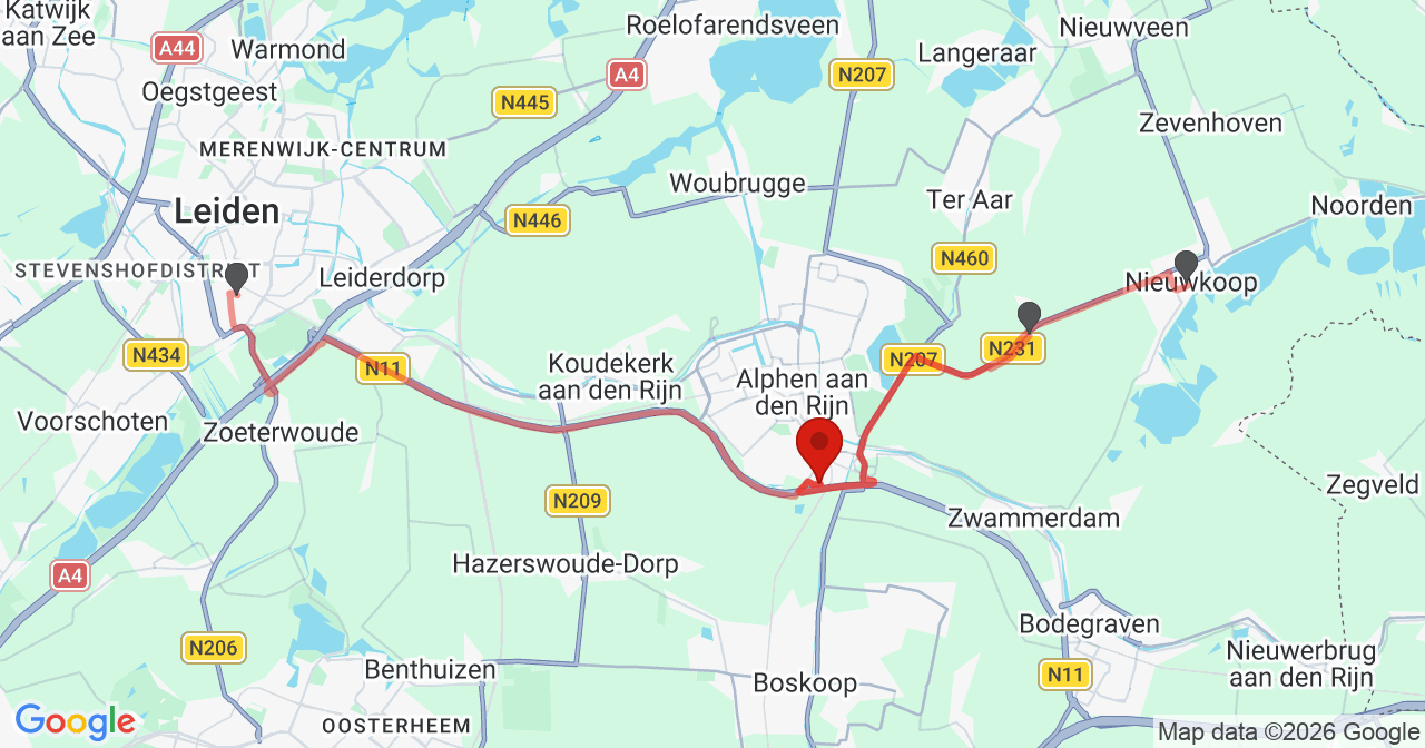 Kaart van het incident in Alphen aan den Rijn met de aanrijroutes van de gealarmeerde eenheden