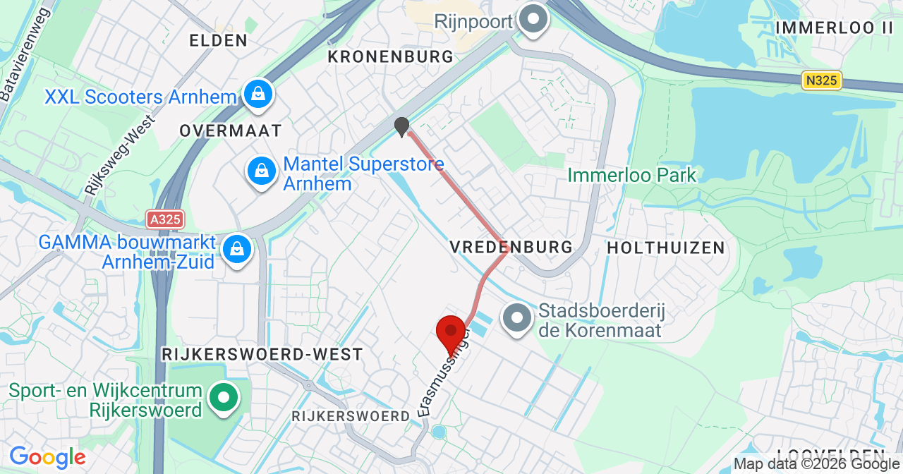 Kaart van het incident in Arnhem met de aanrijroutes van de gealarmeerde eenheden
