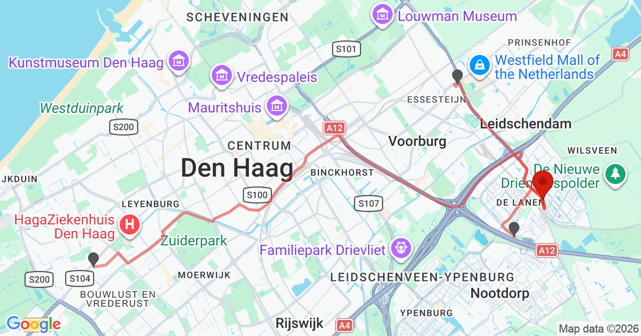 Kaart van het incident in 's-Gravenhage met de aanrijroutes van de gealarmeerde eenheden