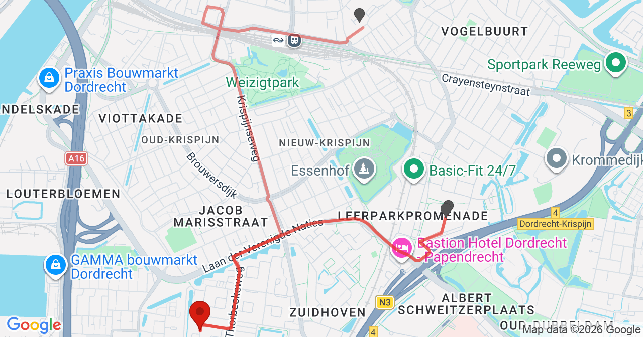 Kaart van het incident in Dordrecht met de aanrijroutes van de gealarmeerde eenheden