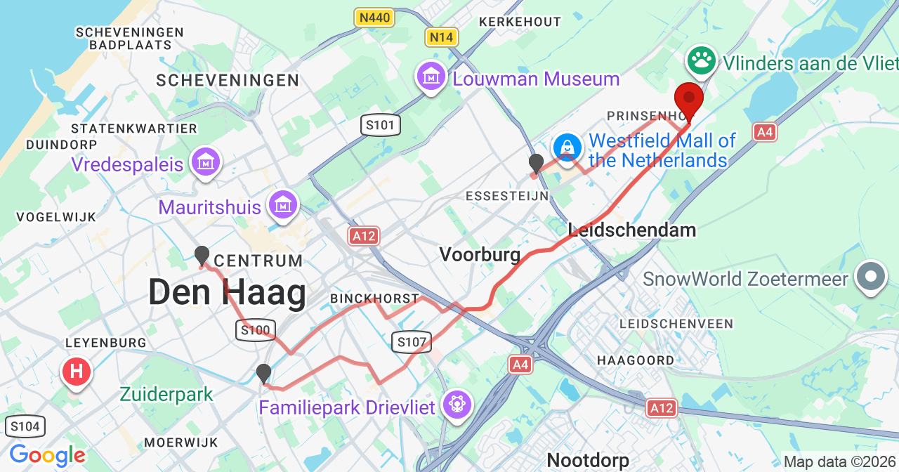 Kaart van het incident in Leidschendam met de aanrijroutes van de gealarmeerde eenheden