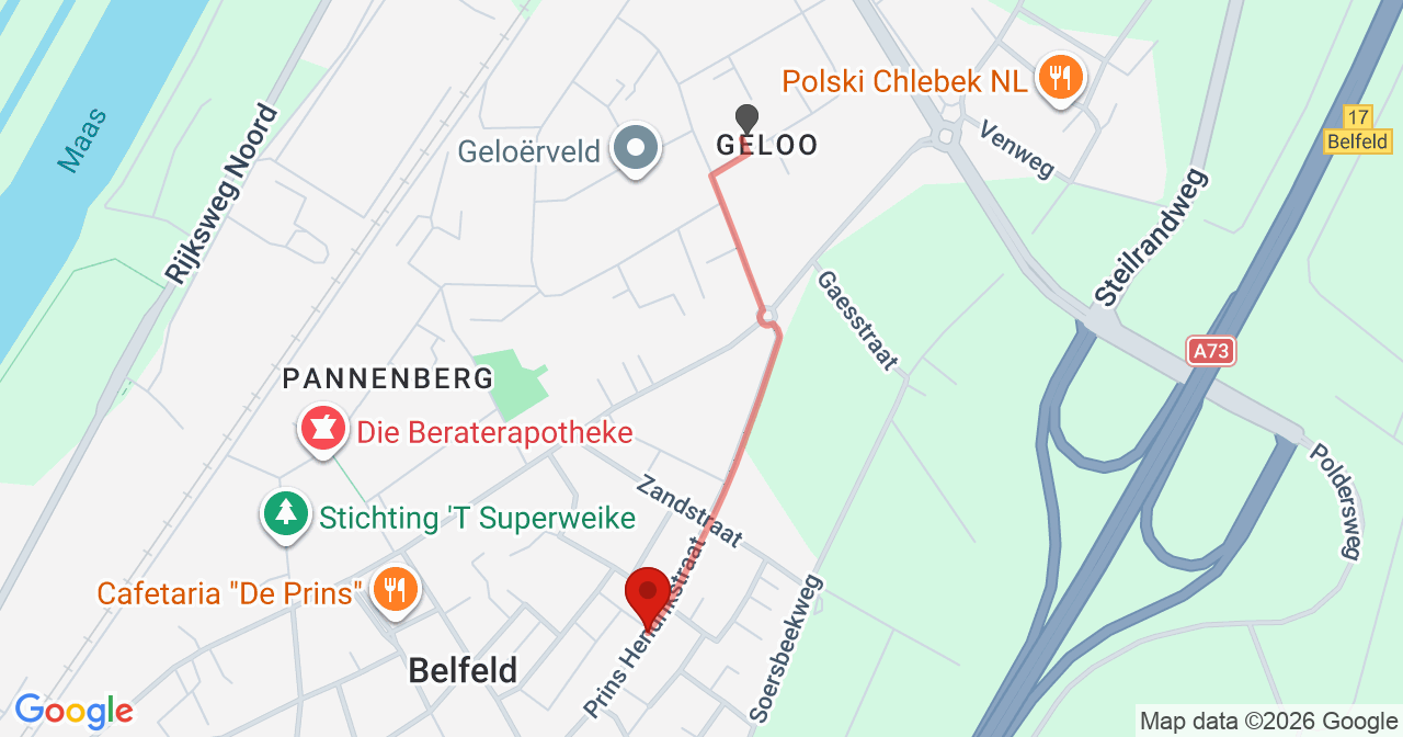 Kaart van het incident in Belfeld met de aanrijroutes van de gealarmeerde eenheden