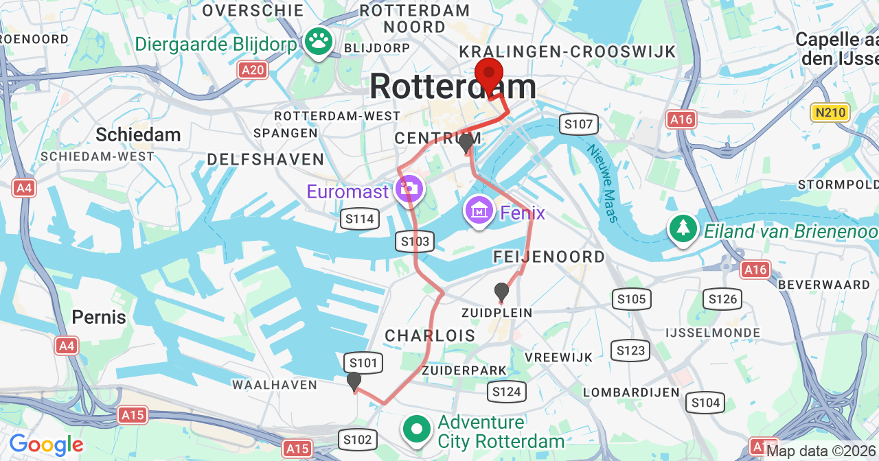 Kaart van het incident in Rotterdam met de aanrijroutes van de gealarmeerde eenheden