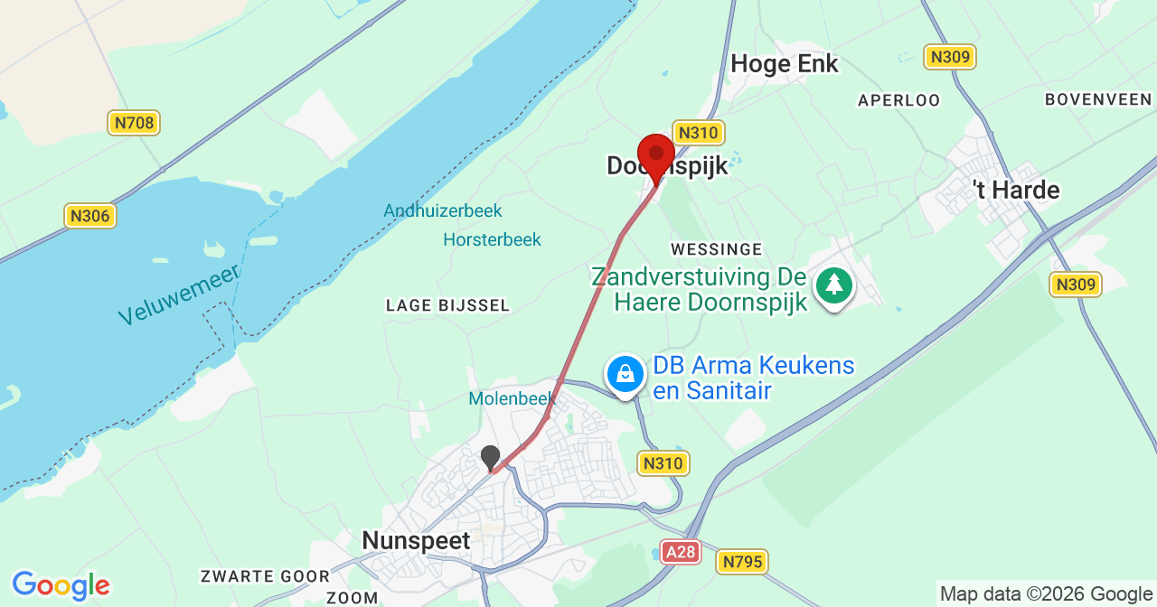 Kaart van het incident in Doornspijk met de aanrijroutes van de gealarmeerde eenheden