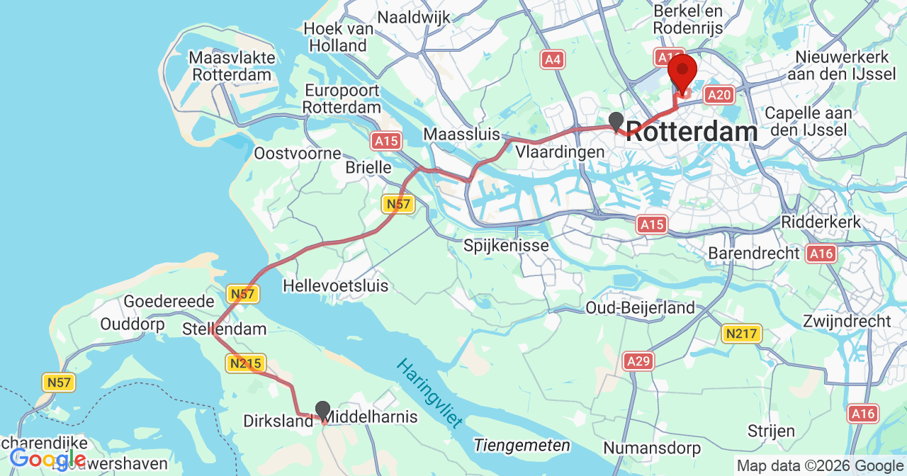 Kaart van het incident in Rotterdam met de aanrijroutes van de gealarmeerde eenheden
