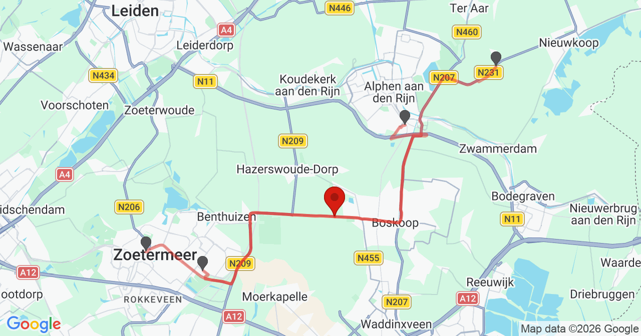 Kaart van het incident in Hazerswoude-Dorp met de aanrijroutes van de gealarmeerde eenheden