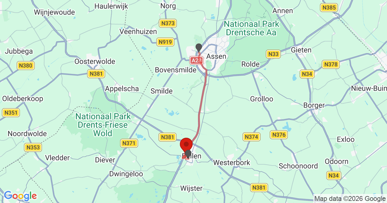 Kaart van het incident in Beilen met de aanrijroutes van de gealarmeerde eenheden