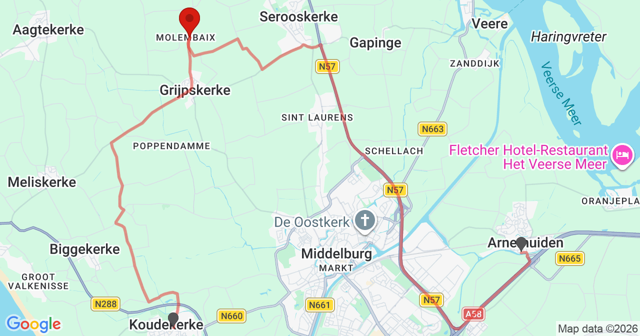 Kaart van het incident in Veere met de aanrijroutes van de gealarmeerde eenheden