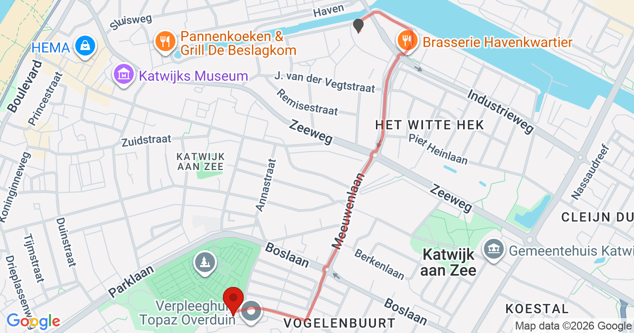 Kaart van het incident in Katwijk ZH met de aanrijroutes van de gealarmeerde eenheden