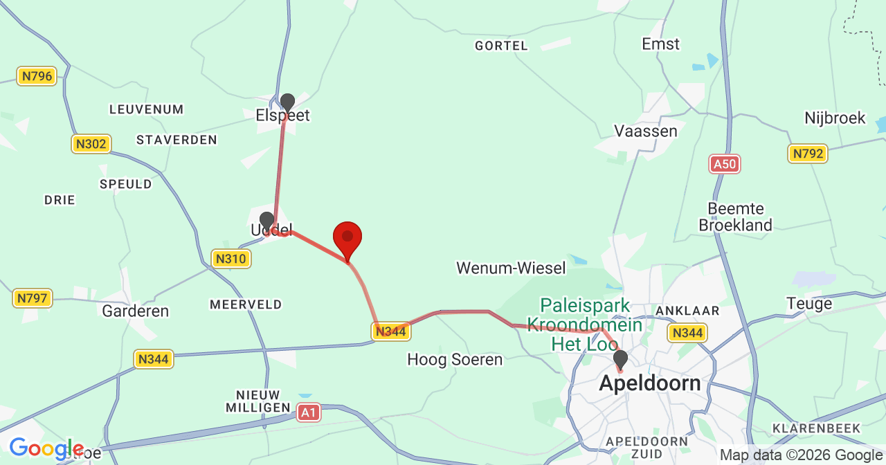 Kaart van het incident in Uddel met de aanrijroutes van de gealarmeerde eenheden