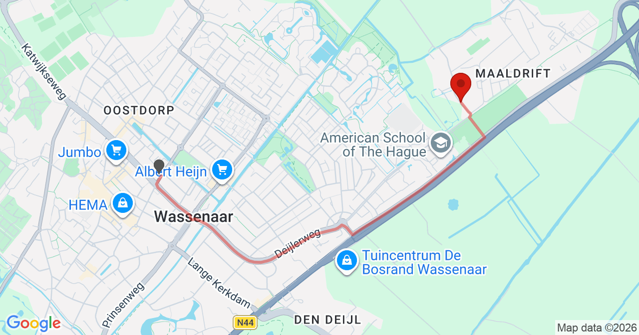 Kaart van het incident in Wassenaar met de aanrijroutes van de gealarmeerde eenheden