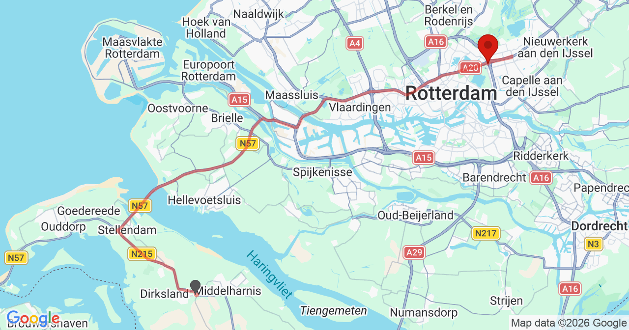 Kaart van het incident in Rotterdam met de aanrijroutes van de gealarmeerde eenheden