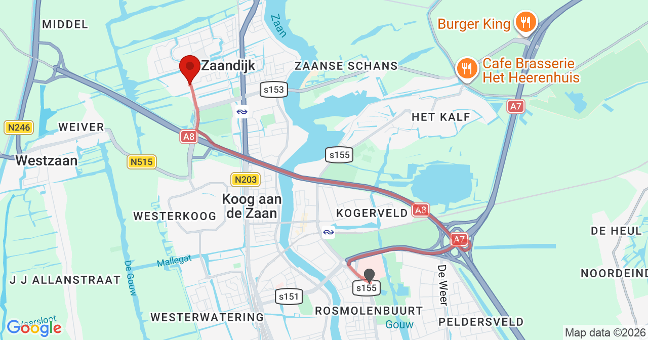 Kaart van het incident in Zaandijk met de aanrijroutes van de gealarmeerde eenheden