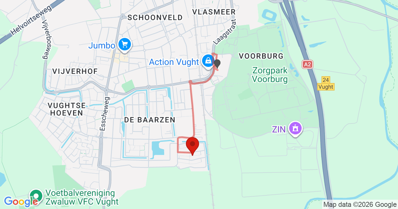 Kaart van het incident in Vught met de aanrijroutes van de gealarmeerde eenheden