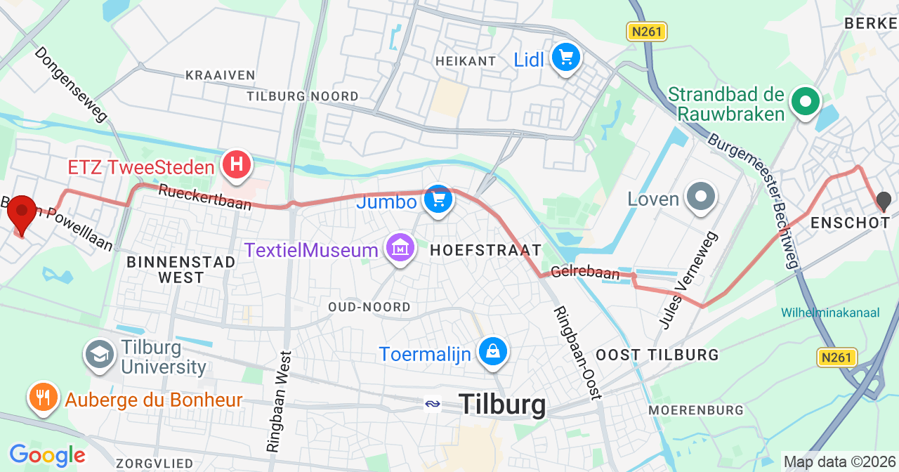Kaart van het incident in Tilburg met de aanrijroutes van de gealarmeerde eenheden