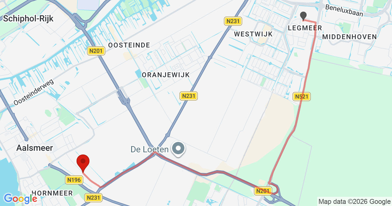 Kaart van het incident in Aalsmeer met de aanrijroutes van de gealarmeerde eenheden
