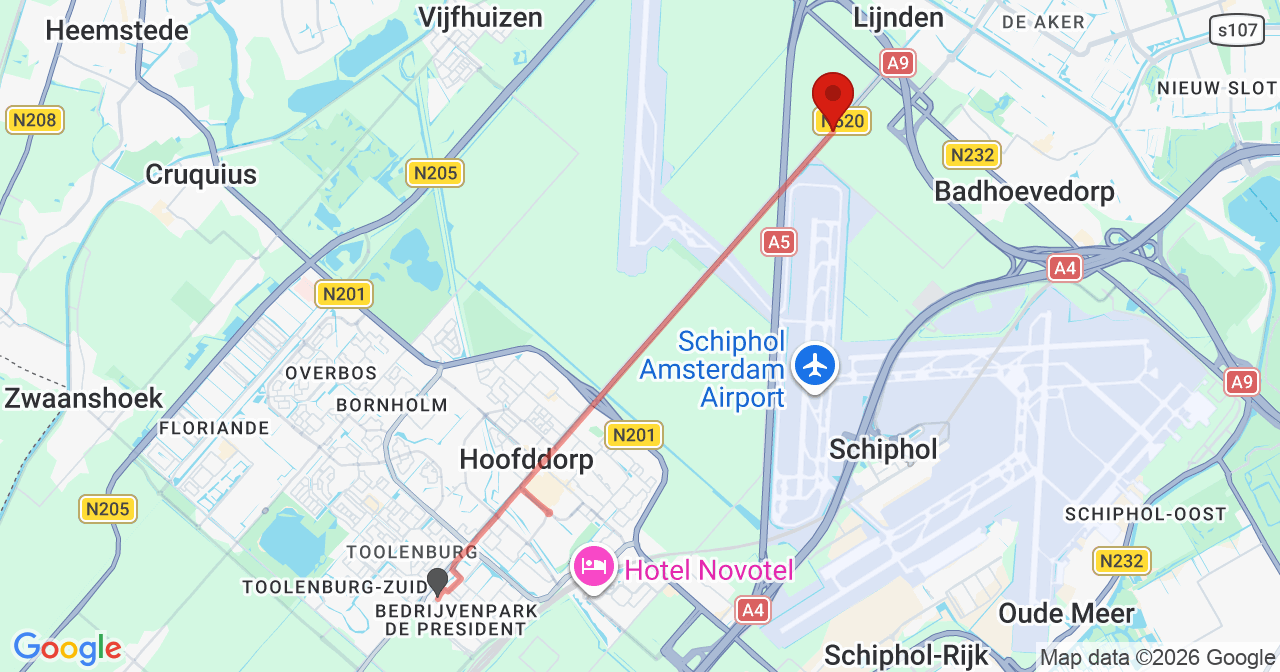 Kaart van het incident in Lijnden met de aanrijroutes van de gealarmeerde eenheden