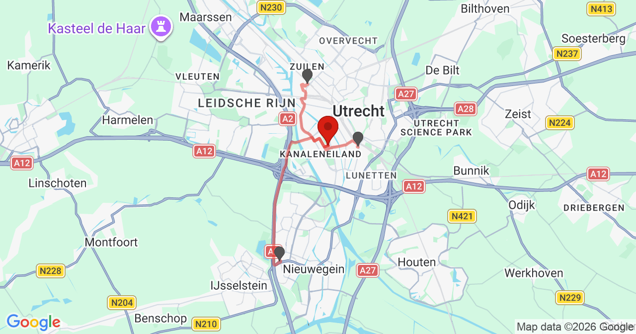 Kaart van het incident in Utrecht met de aanrijroutes van de gealarmeerde eenheden