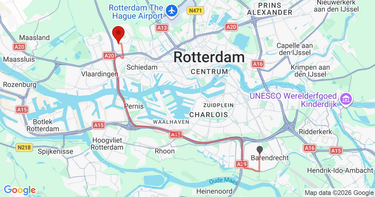 Kaart van het incident in Schiedam met de aanrijroutes van de gealarmeerde eenheden