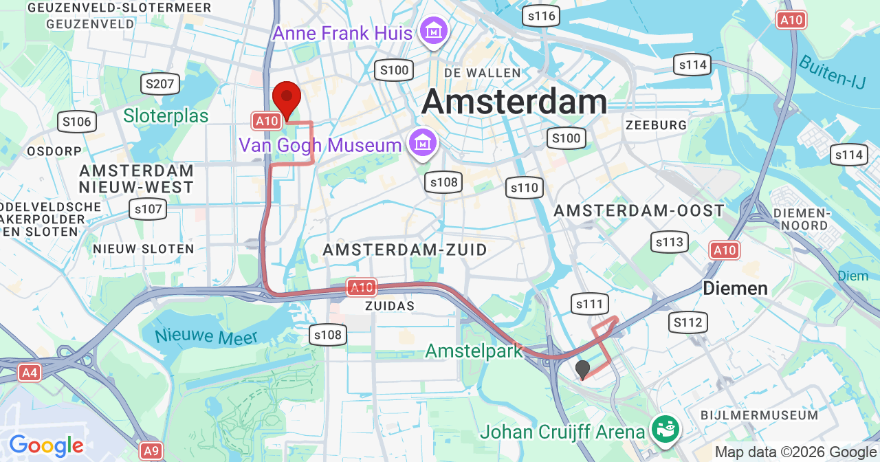 Kaart van het incident in Amsterdam met de aanrijroutes van de gealarmeerde eenheden