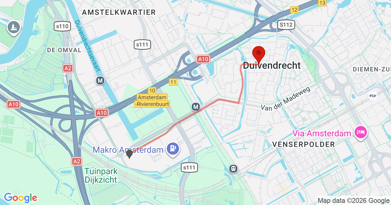 Kaart van het incident in Duivendrecht met de aanrijroutes van de gealarmeerde eenheden