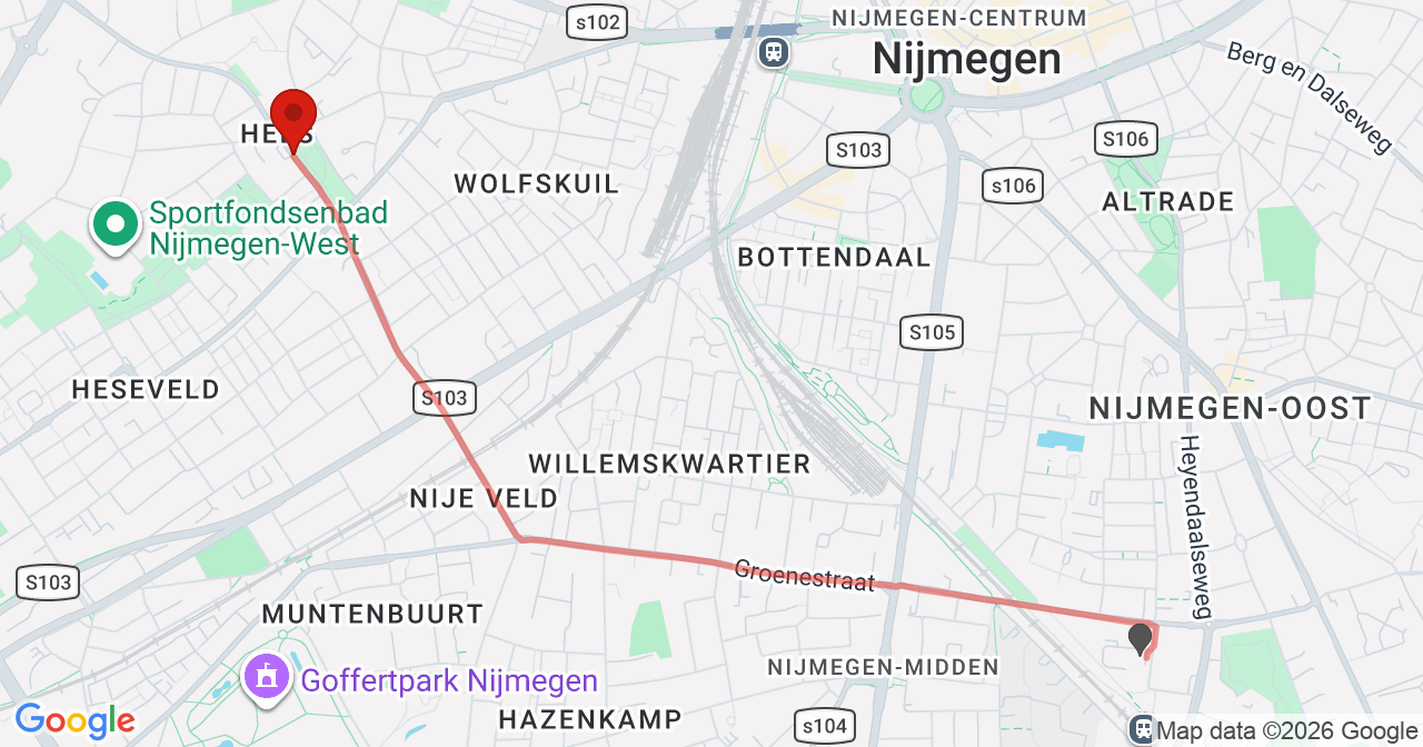 Kaart van het incident in Nijmegen met de aanrijroutes van de gealarmeerde eenheden