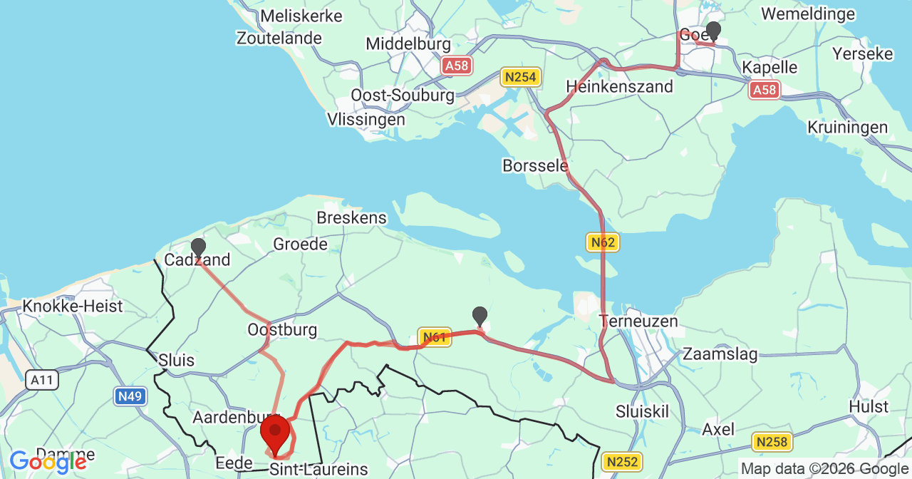 Kaart van het incident in Eede met de aanrijroutes van de gealarmeerde eenheden