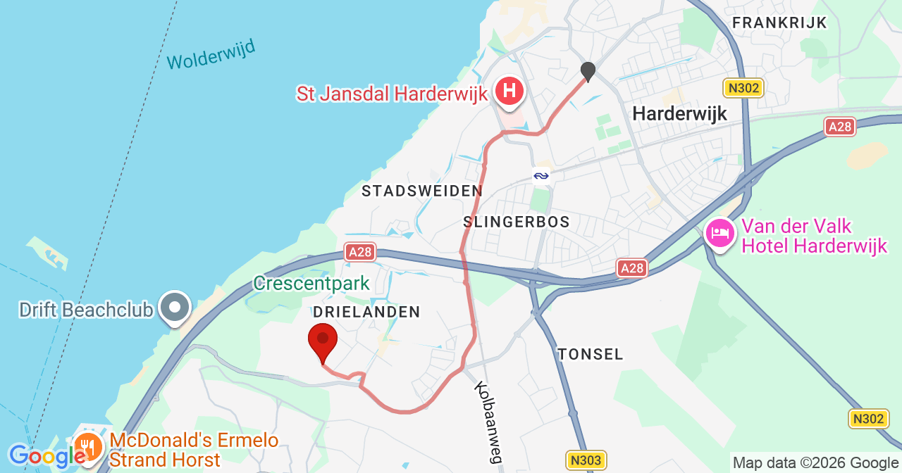 Kaart van het incident in Harderwijk met de aanrijroutes van de gealarmeerde eenheden