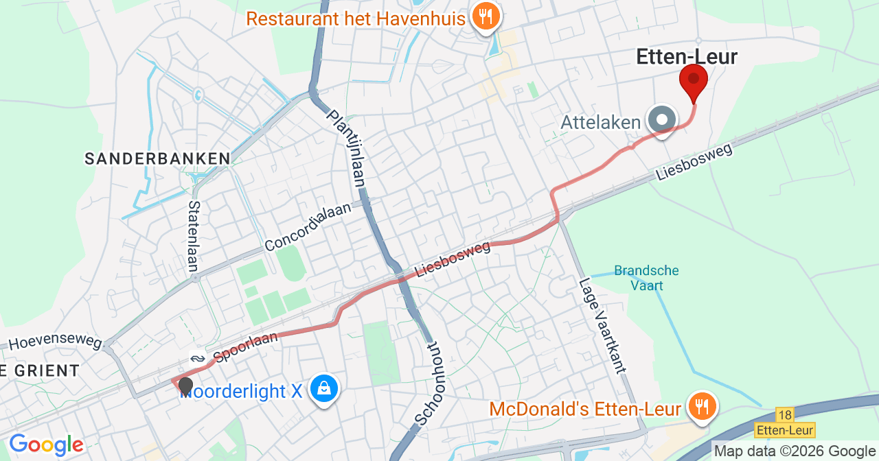 Kaart van het incident in Etten-Leur met de aanrijroutes van de gealarmeerde eenheden