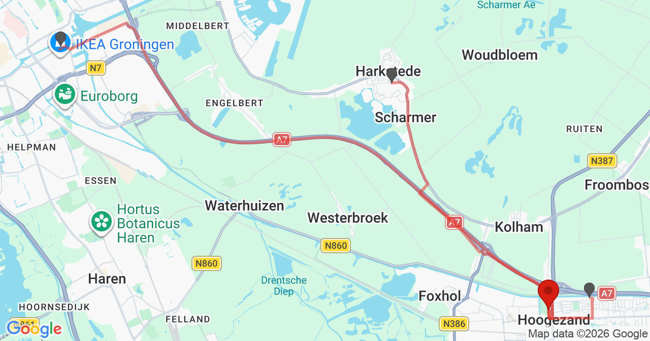 Kaart van het incident in Hoogezand met de aanrijroutes van de gealarmeerde eenheden