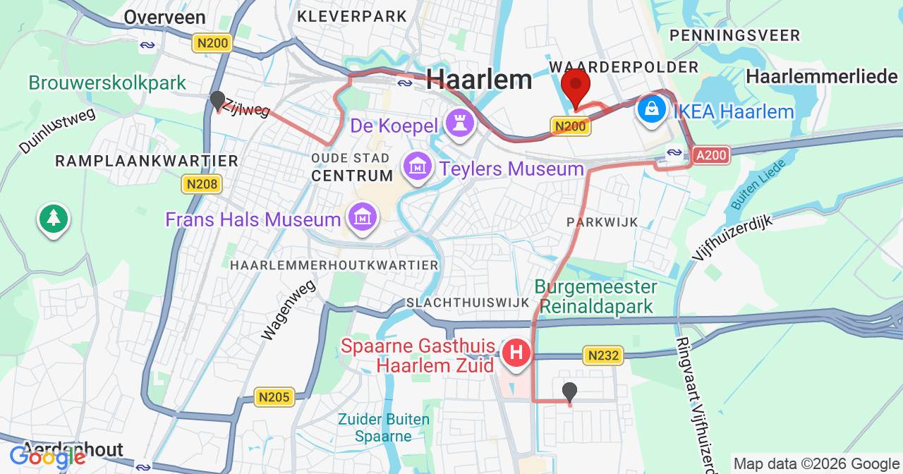 Kaart van het incident in Haarlem met de aanrijroutes van de gealarmeerde eenheden
