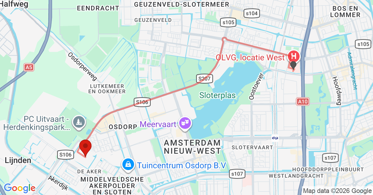 Kaart van het incident in Amsterdam met de aanrijroutes van de gealarmeerde eenheden
