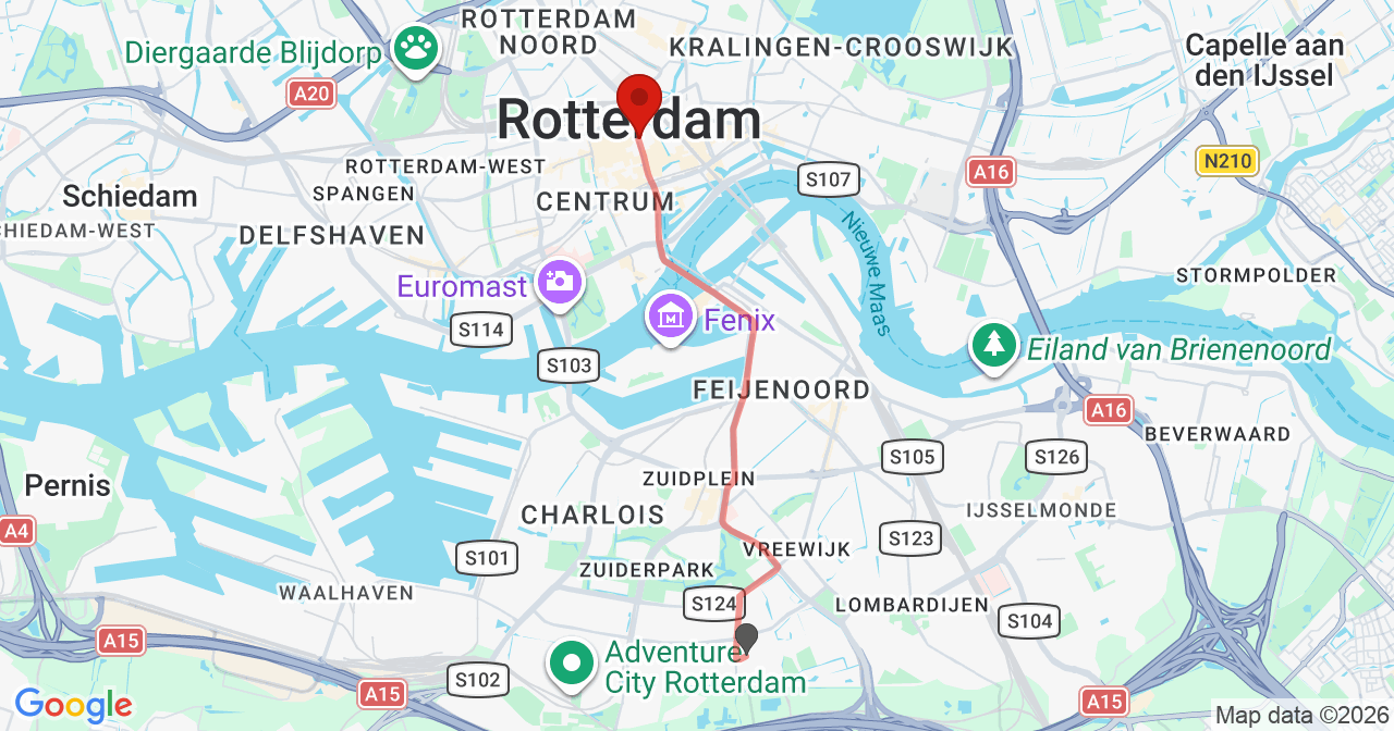 Kaart van het incident in Rotterdam met de aanrijroutes van de gealarmeerde eenheden