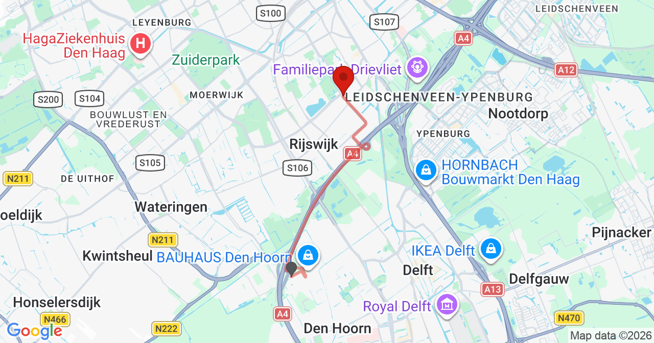 Kaart van het incident in Rijswijk met de aanrijroutes van de gealarmeerde eenheden