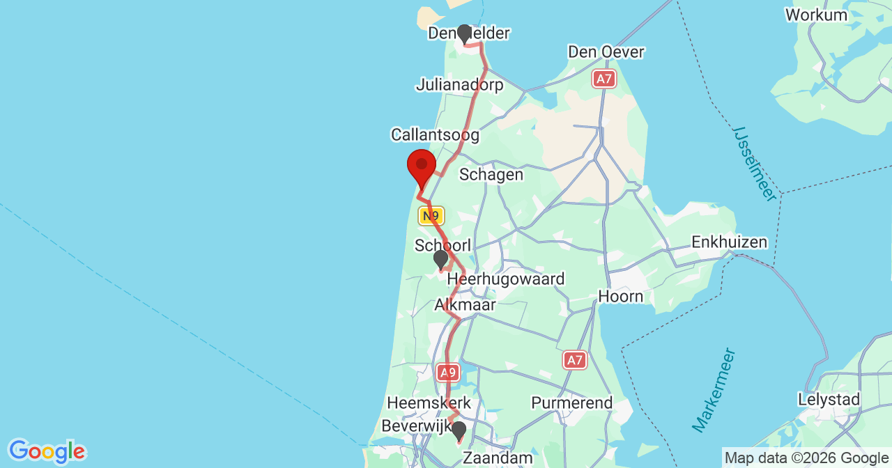 Kaart van het incident in Petten met de aanrijroutes van de gealarmeerde eenheden