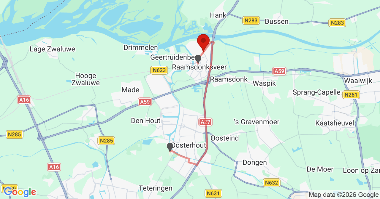 Kaart van het incident in Raamsdonksveer met de aanrijroutes van de gealarmeerde eenheden