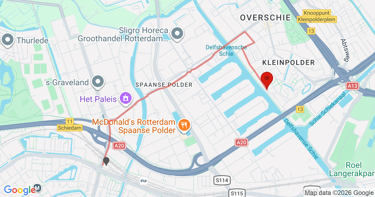 Kaart van het incident in Rotterdam met de aanrijroutes van de gealarmeerde eenheden