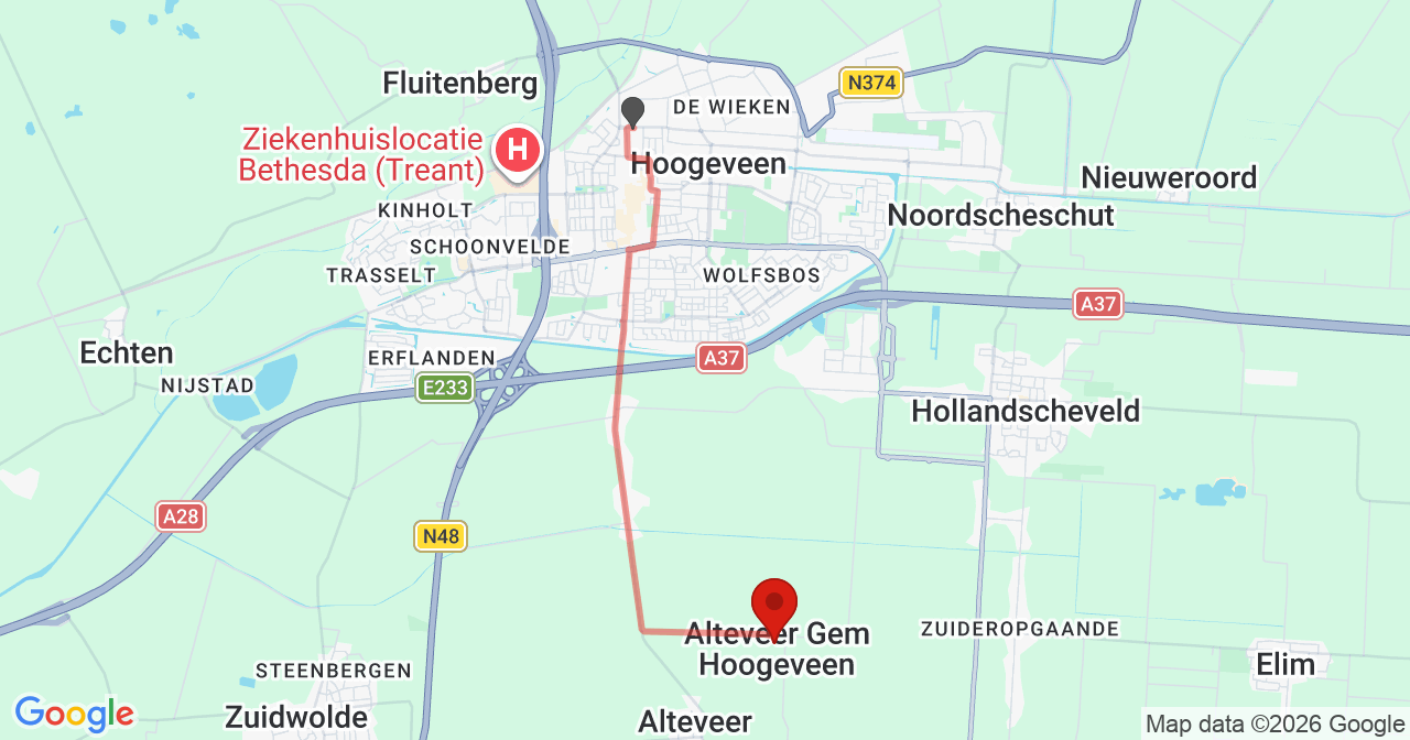 Kaart van het incident in Hoogeveen met de aanrijroutes van de gealarmeerde eenheden