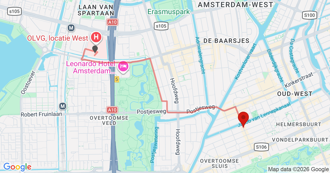 Kaart van het incident in Amsterdam met de aanrijroutes van de gealarmeerde eenheden